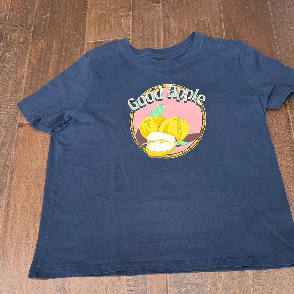 Tory Burch Navy Short Sleeve Tee with Yellow Apple Graphic